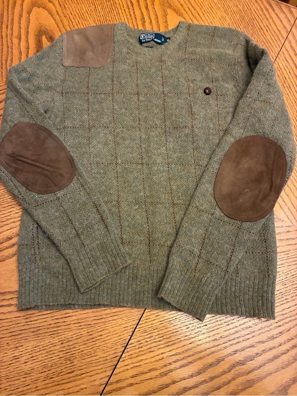 Vintage Polo Ralph Lauren Green Windowpane Wool Alpaca Suede Elbow Patch sweater